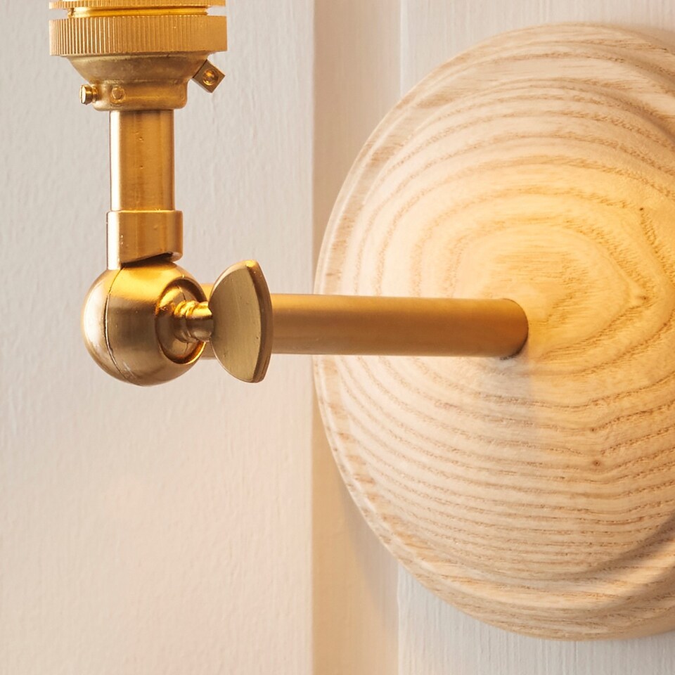 image 1 of Wood Wing Ash Wood Wall Light with Pearl Grey Fabric Leaf Shade 16cm B22