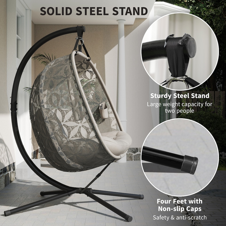 image 1 of Outsunny Double Hanging Swing Chair w/ Stand & Cup Holders, Brown | Brown