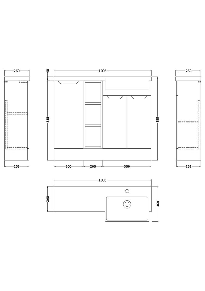 image 1 of Balterley Teddesley Floor Standing Compact 3 Door Combination Vanity Basin Unit with Open Shelves and Basin, 1000mm, Right Hand, Matt White