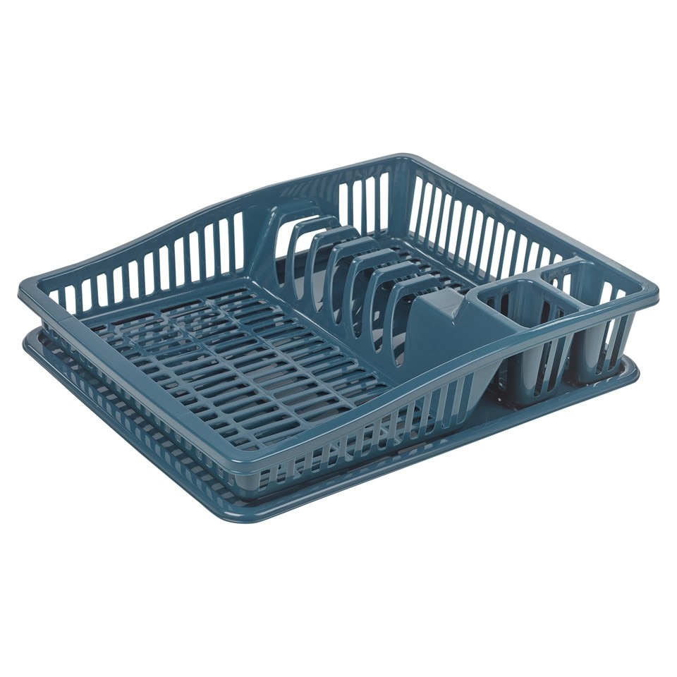 image 1 of Plastic Large Dish Rack Drainer Kitchen Sink Plate Cutlery Draining Drip Tray | Multi | Blue Large