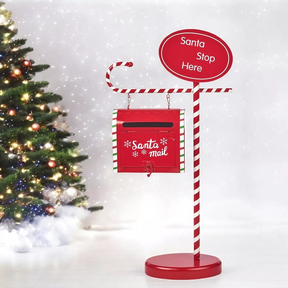 image 1 of Christmas Wood & Metal Santa Letter Mail Post Box Decorative Red Party Ornament | Red | Red | Small