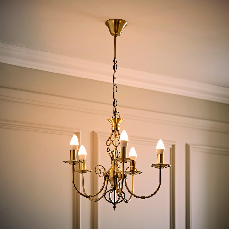 image 1 of ValueLights Memphis Antique Brass 5 Way Chandelier & Bulbs | Gold