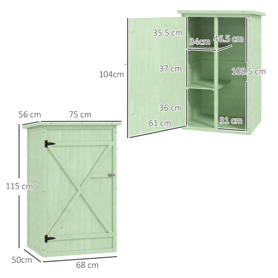 image 1 of Outsunny Wooden Garden Shed, Outdoor Storage Small Shed with 2 Shelves, Sloped Roof and Bolt Latch, Compact Utility Tool Cabinet Organiser for Yard Patio Garage, 75 x 56 x 115 cm, Green | Green | 1