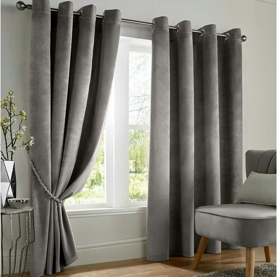 image 1 of Velvet Blackout Eyelet Curtains - Silver 116 cm x 182 cm