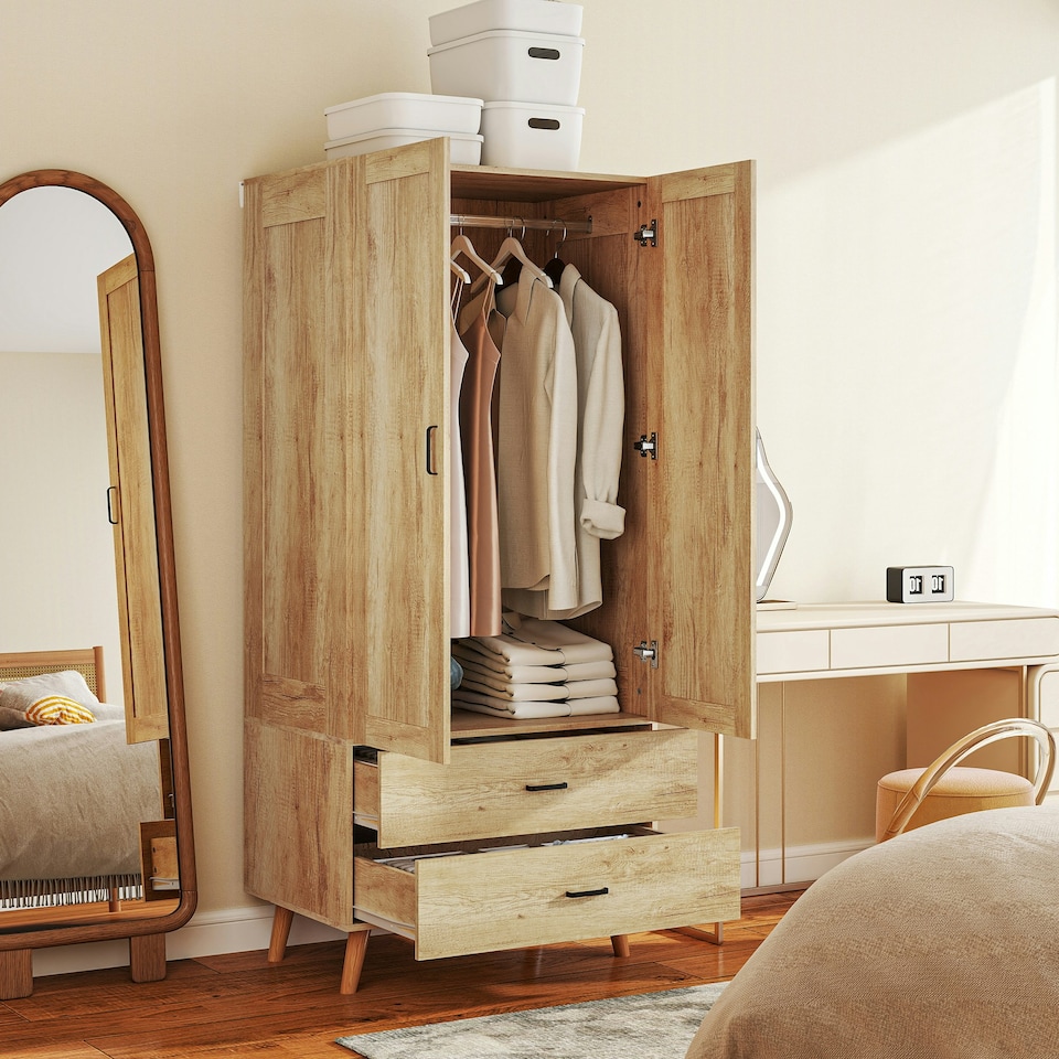 image 1 of HOMCOM 2 Door Wardrobe with 2 Drawers and Hanging Rail for Bedroom