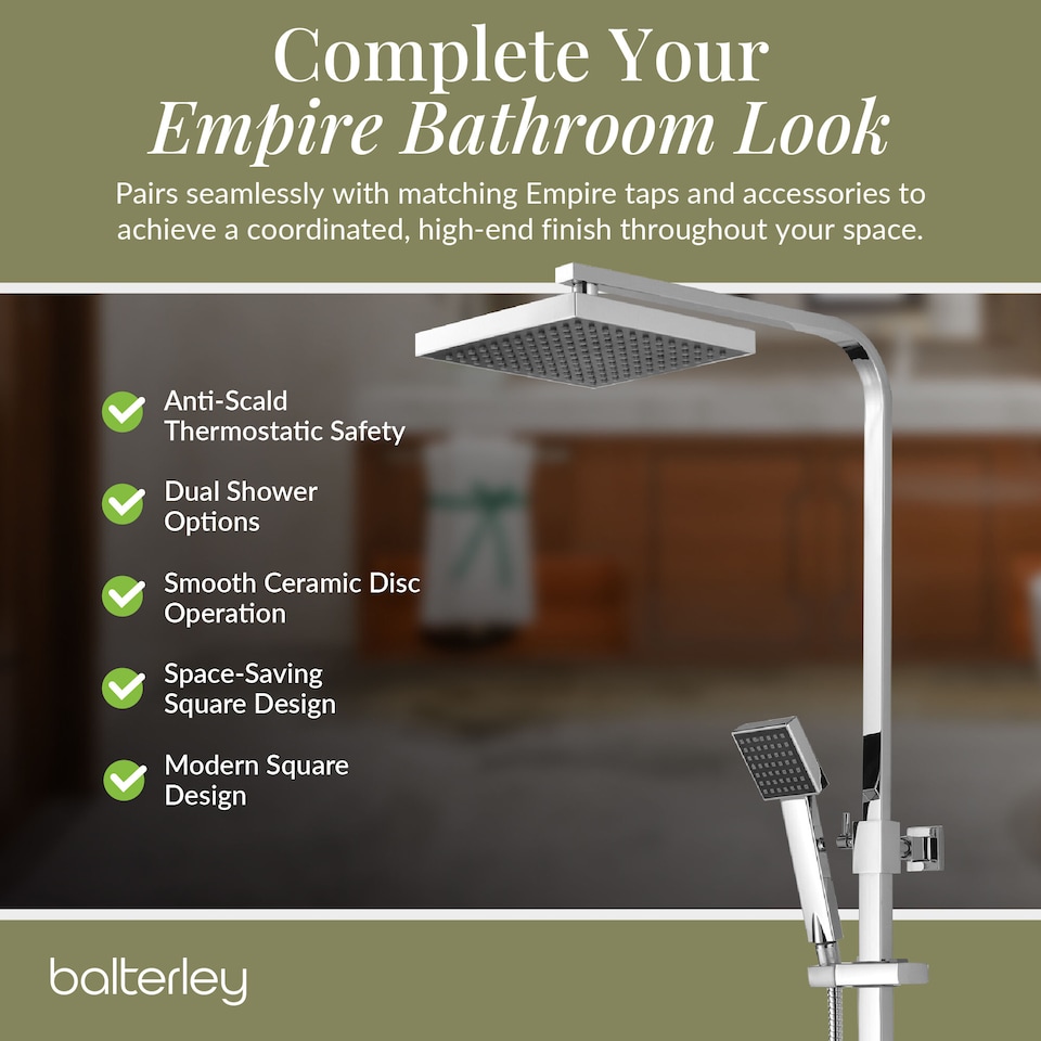 image 1 of Balterley Empire Square Thermostatic Shower Kit with Fixed Head and Adjustable Handset | Silver | Chrome | 1