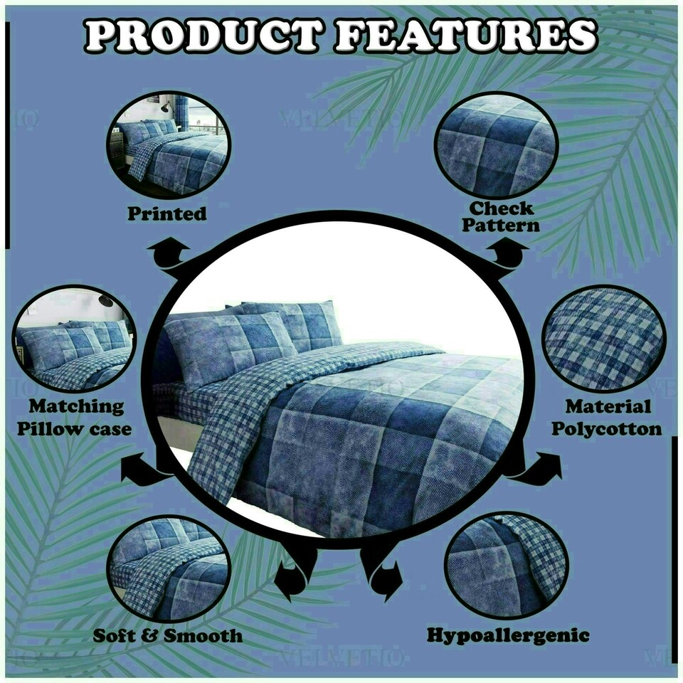 image 1 of VELVETIO Denim Check Printed Duvet Cover Set Reversible Polycotton Beddings Blue | King