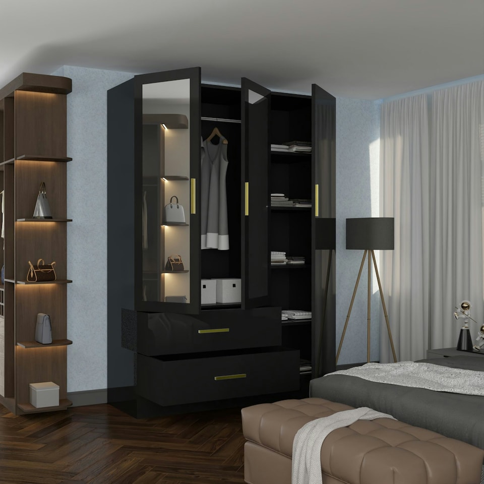 image 1 of Modern 3-Door High Gloss Wardrobe with Dual Mirrors, Gold Accent Handles, Drawers & Shelves-116cm Wide Black | Black116cm