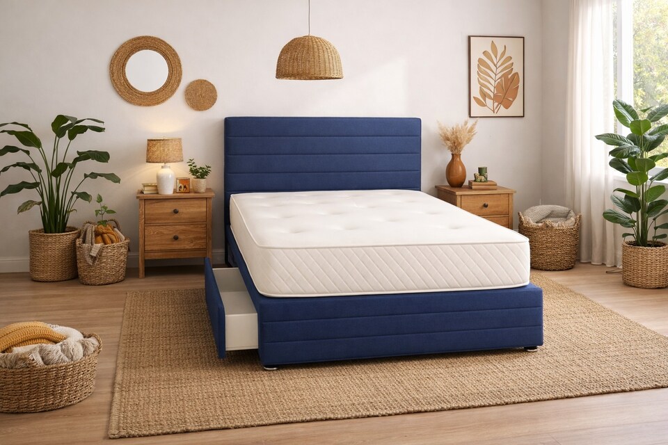 image 1 of Divan Bed Set Headboard and Footboard with Mattress 3ft Single Navy Blue Suede Storage 2 Drawers Right Side Laying in Bed