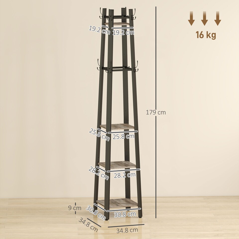 image 1 of HOMCOM Industrial Coat Stand with 4 Storage Shelves and 8 Hooks Grey | Grey | Grey