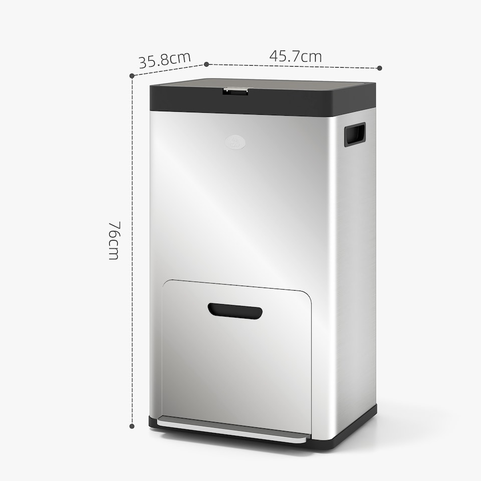 image 1 of HOMCOM Kitchen Bin, 2 x 18L and 20L Volumes, Stainless Steel 3 Compartment Bin with Wheels, Soft Close Lid, Removable Inner Buckets, Fingerprint-Proof for Recycling and Waste, Silver Tone | Silver | 1