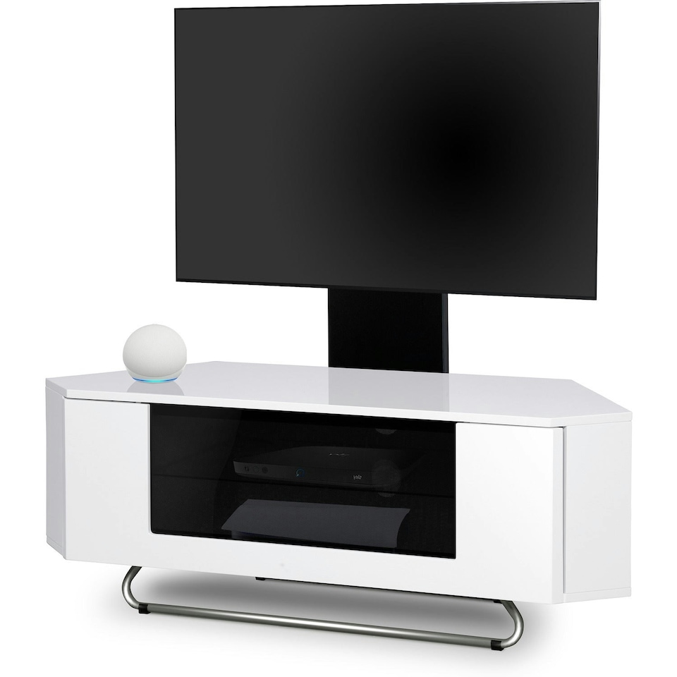 image 1 of Centurion Supports Hampshire Corner-Friendly Gloss White with Contrast Beam-Thru Remote Friendly Door 26"-50" Flat Screen TV Cabinet with Mounting Arm White