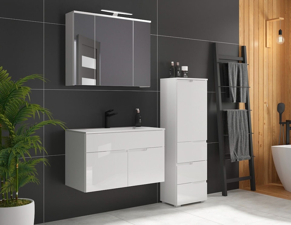 image 1 of White Bathroom Cabinet Freestanding Storage Unit with Drawer White Gloss Slim Narrow 400mm Floor Unit Spice