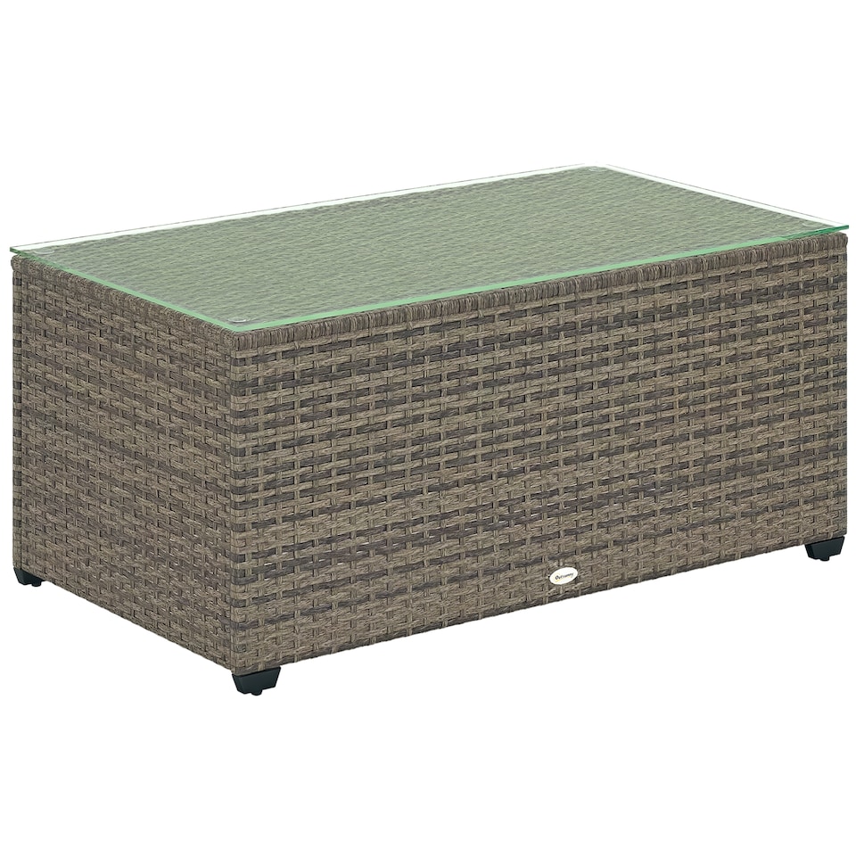 image 1 of Outsunny Outdoor Coffee Table, Glass Top Rattan Side Table, Dark Grey