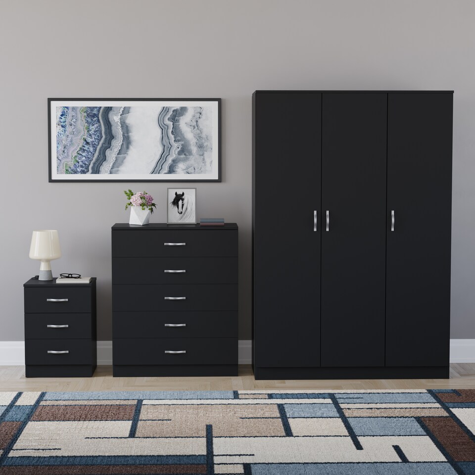 image 1 of Vida Designs Riano 3 Piece Bedroom Set (3 Drawer Bedside Chest, 5 Drawer Chest, 3 Door Wardrobe), Black (5)