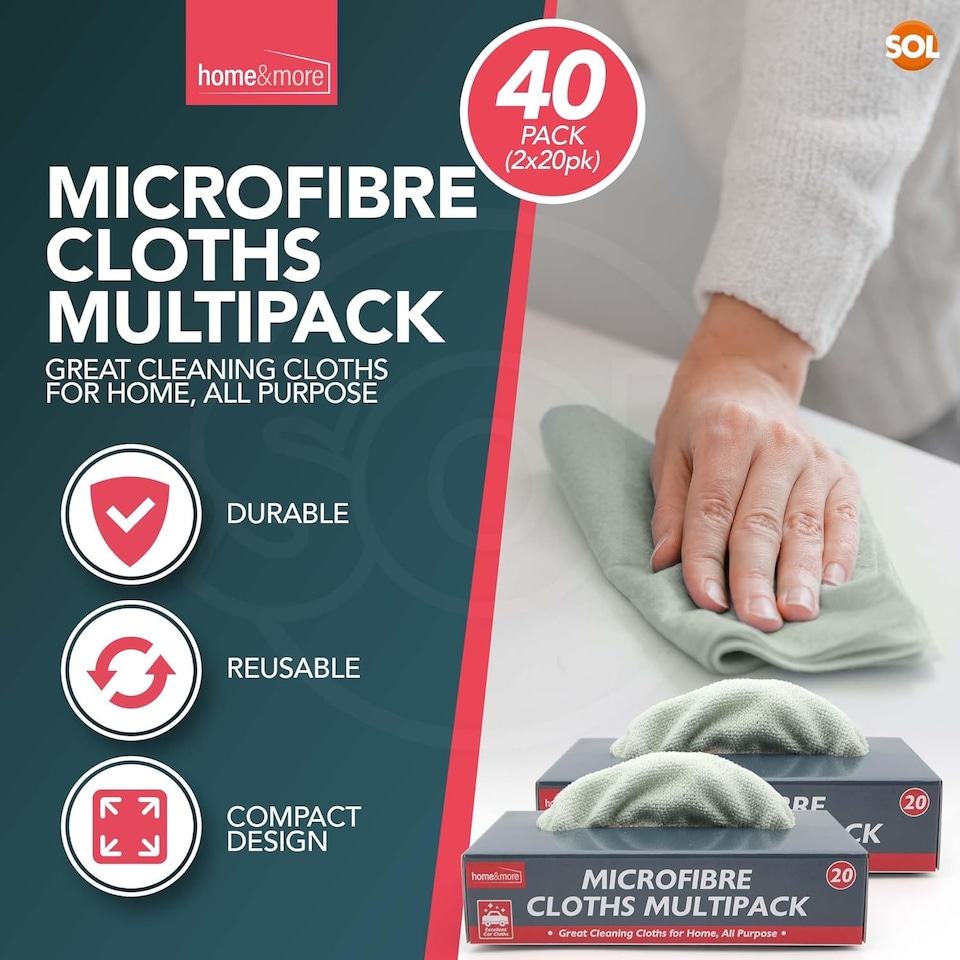image 1 of 40pk Microfibre Cloths in Dispensers – Reusable Absorbent Cleaning Cloths for Home, Kitchen & Car, Streak-Free for Windows & Surfaces
