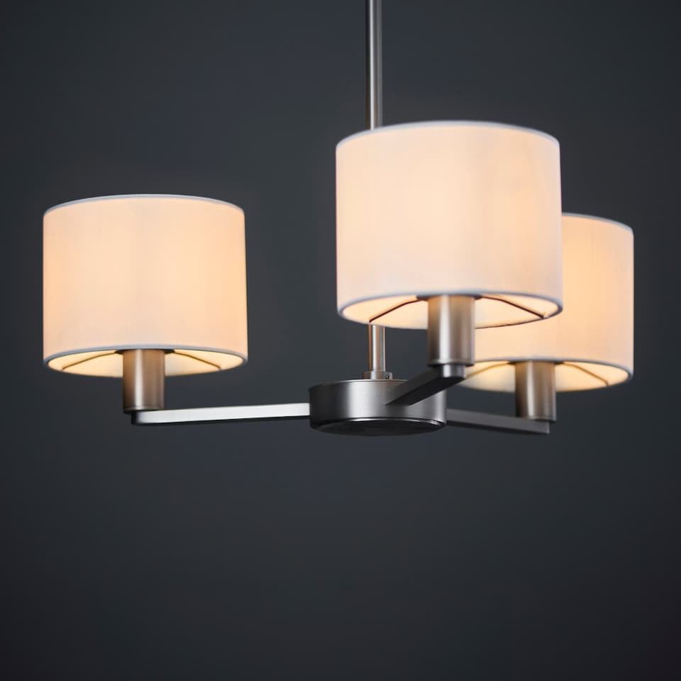 image 1 of Daley 3 Light Multi Arm Ceiling Pendant Matt Nickel, Triple Shade Vintage White Silk Effect, E14