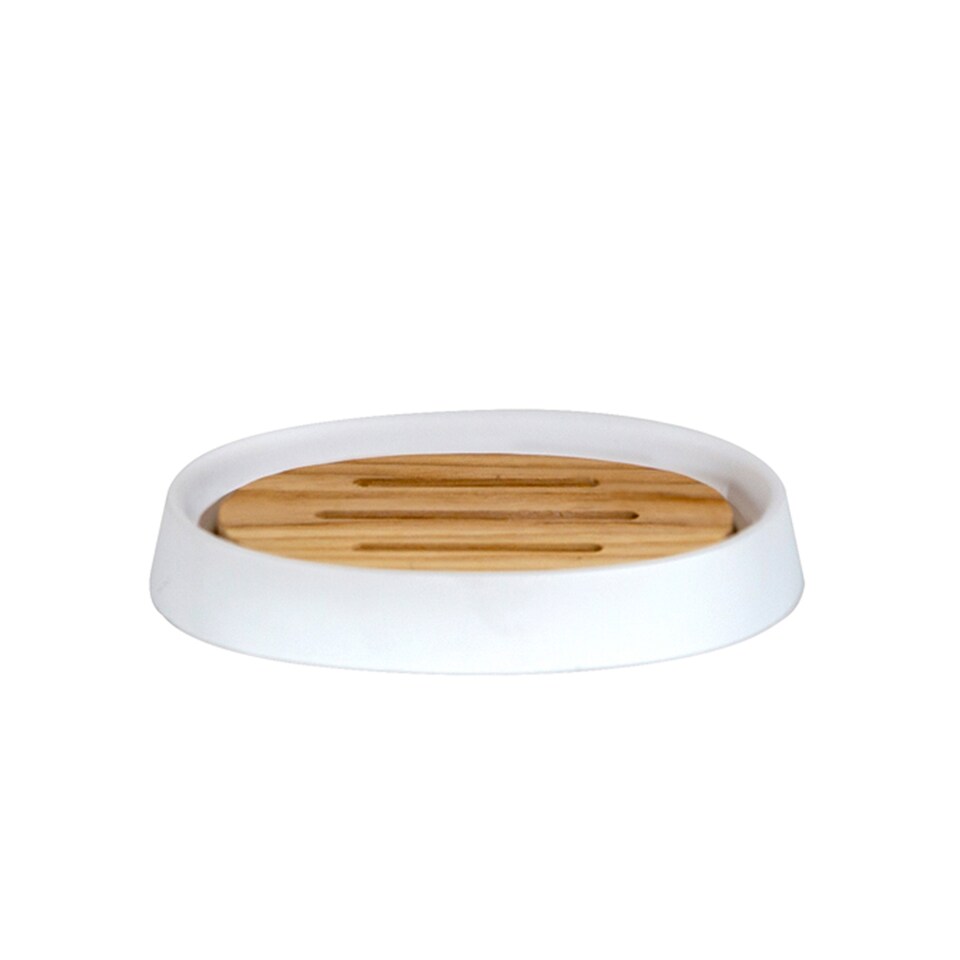 image 1 of Showerdrape Sonata White & Bamboo Soap Dish | White | White | 1