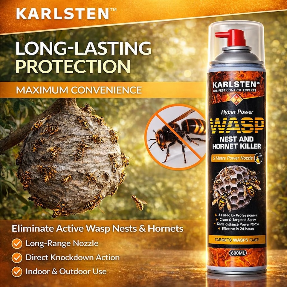 image 1 of Karlsten Hyper Power Wasp Nest & Hornet Killer Spray - 600ml High Strength Long Range 5 Metre Spray for Indoor and Outdoor