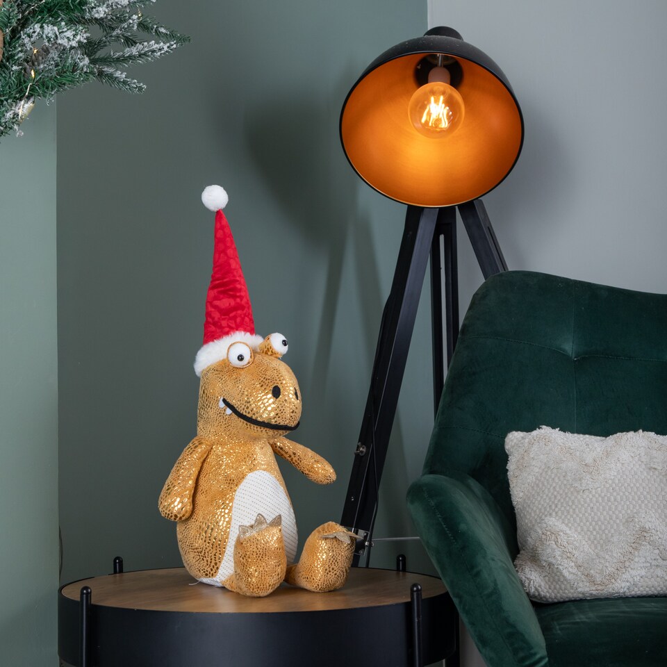 image 1 of 60cm Tall Gold Plush Zilla Dino Sitting Christmas Decoration with Santa Hat