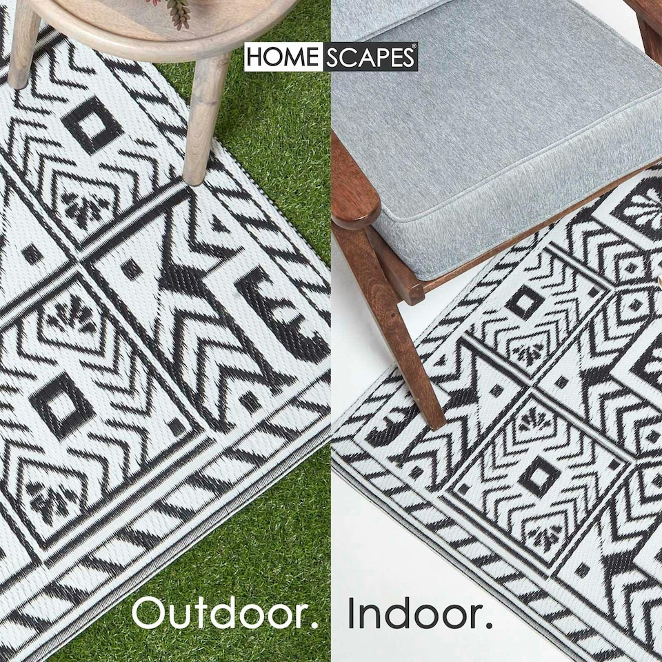 image 1 of Homescapes Outdoor Rug Luxury Waterproof Reversible, For Garden, Geometric Aztec | Black | Black and White