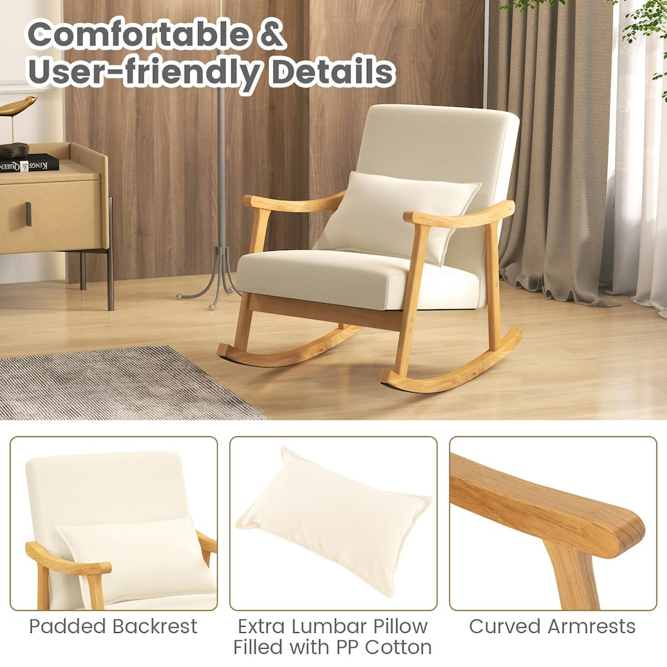 image 1 of COSTWAY Upholstered Rocking Chair Modern Rocker Wood Frame Beige White