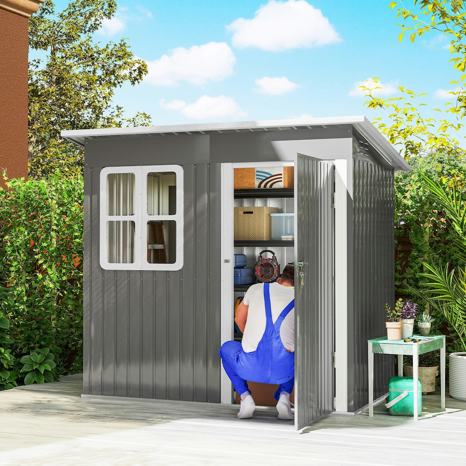 image 1 of Outsunny 7 x 4ft Galvanised Steel Garden Shed with Foundation Kit, Grey