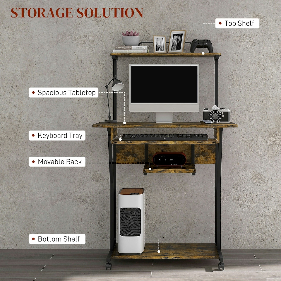image 1 of HOMCOM Rolling Computer Desk with Keyboard Tray Storage Shelves Rustic Brown