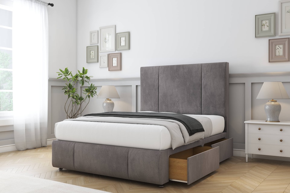 image 1 of Sloomy Lisbon Slate Naples Divan Bed Base 2 Drawers Foot-End With 26 Inch Strutted Headboard & 12 Inch Matching Footboard | Grey | Slate | King | 1