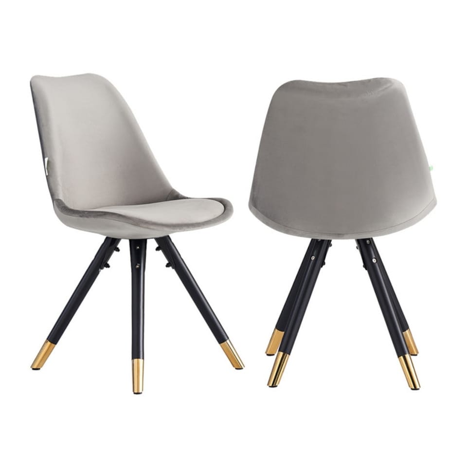 image 1 of Set of 2 Sofia Ergonomic Modern Dining Chairs Upholstered in Velvet, Metal Legs with Gold End Tips | Grey | Light Grey