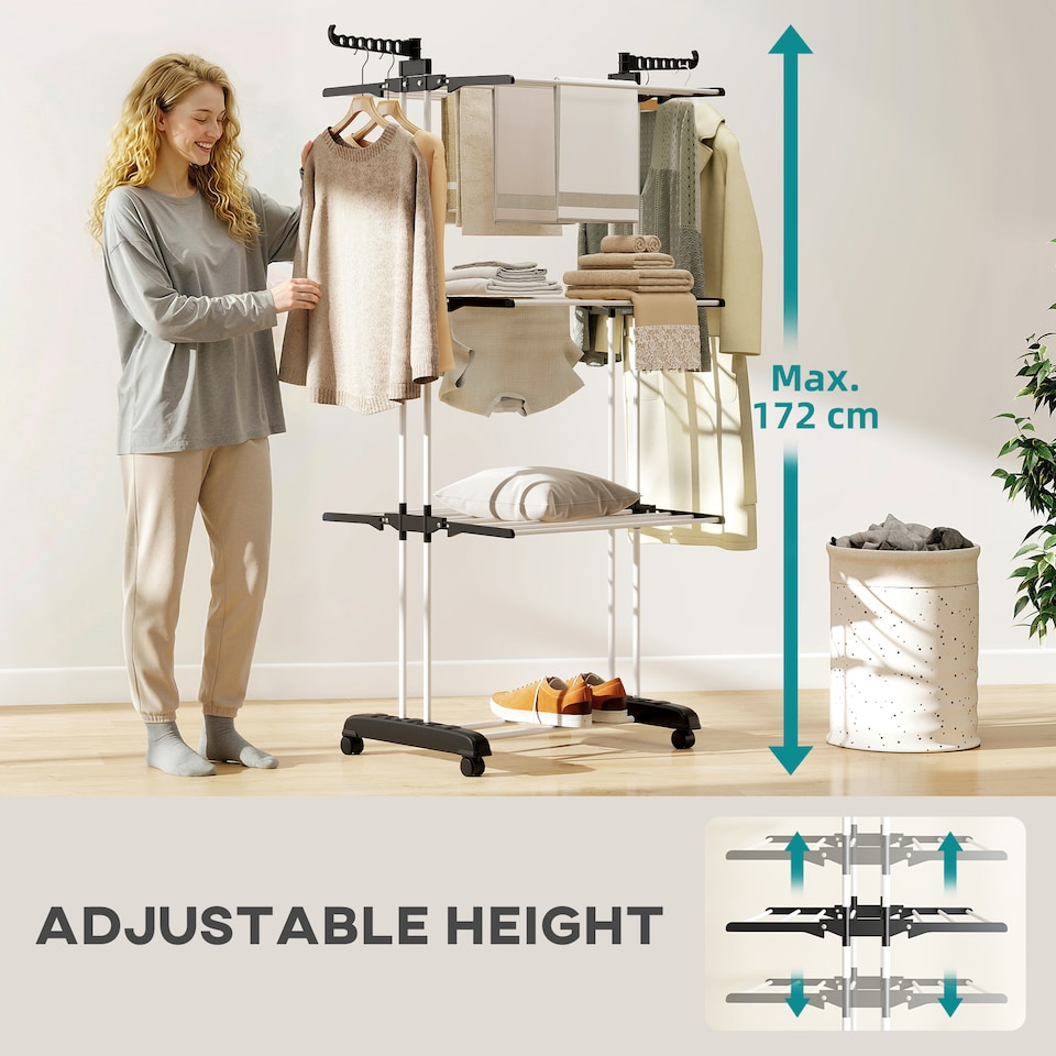 image 1 of HOMCOM Foldable Clothes Drying Rack Steel Garment Dryer with Casters Black