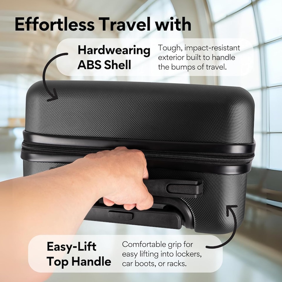 image 1 of Straame 45x35x20cm Black Cabin Suitcase, 360° Spinner Wheels