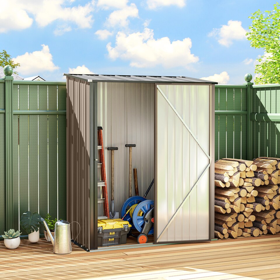 image 1 of Outsunny 5ft x 3ft Lean to Garden Shed, Metal Outdoor Storage Shed with Single Lockable Door, Tool Storage Shed for Garden, Patio, Brown