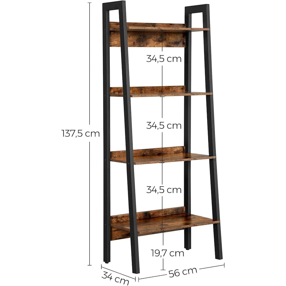 image 1 of 4-Tier Slim Ladder Shelf Vertical Bookcase Storage Unit for Home Office, Rustic Brown and Ink Black