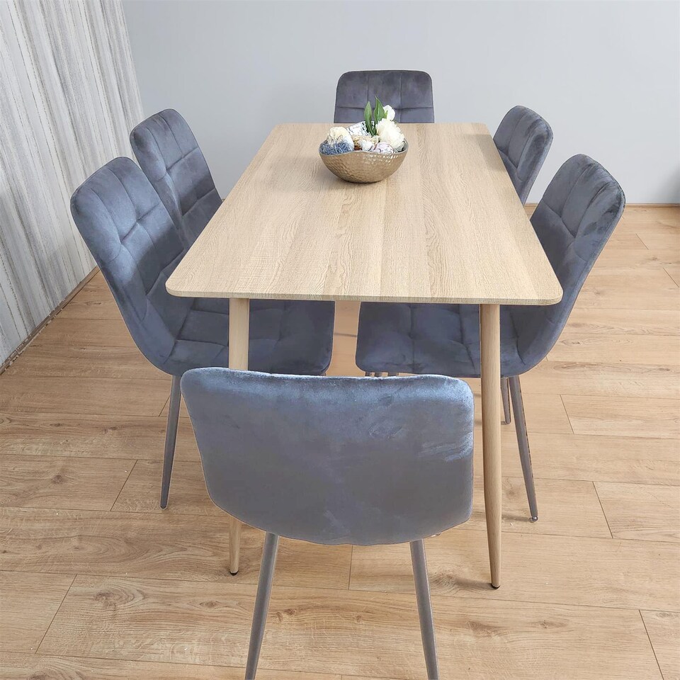 image 1 of Dining Table and 6 Chairs Wood Effect 6 Grey Velvet Chairs Dining Set