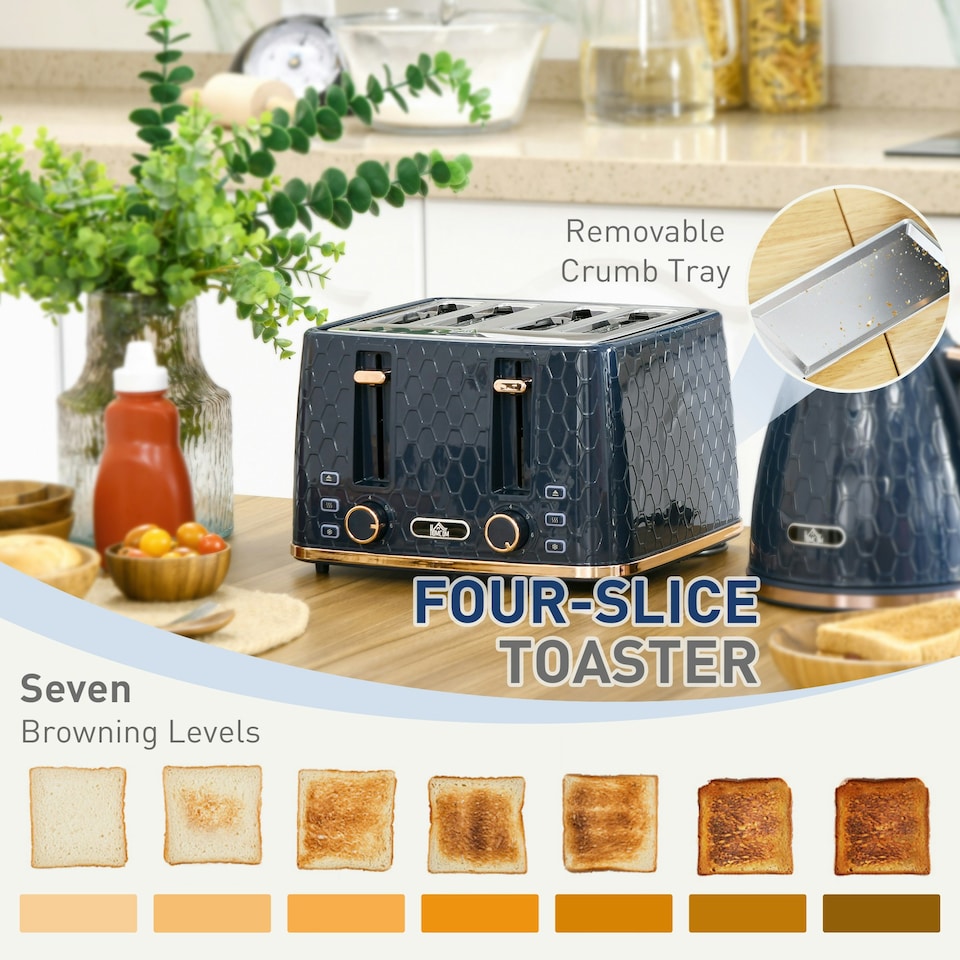 image 1 of HOMCOM 1.7L Kettle and Toaster Set with Defrost Reheat and Crumb Tray Blue