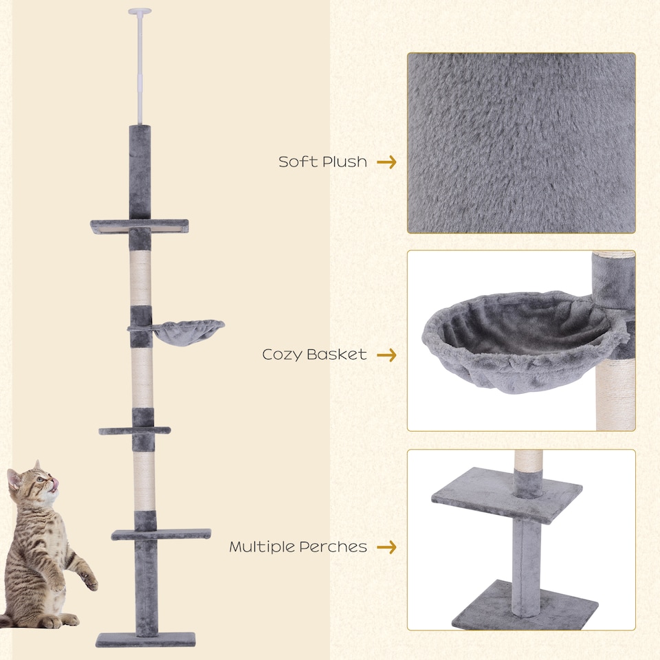 image 1 of PawHut Floor to Ceiling Cat Tree 5-Tier Climbing Tower Scratching Post