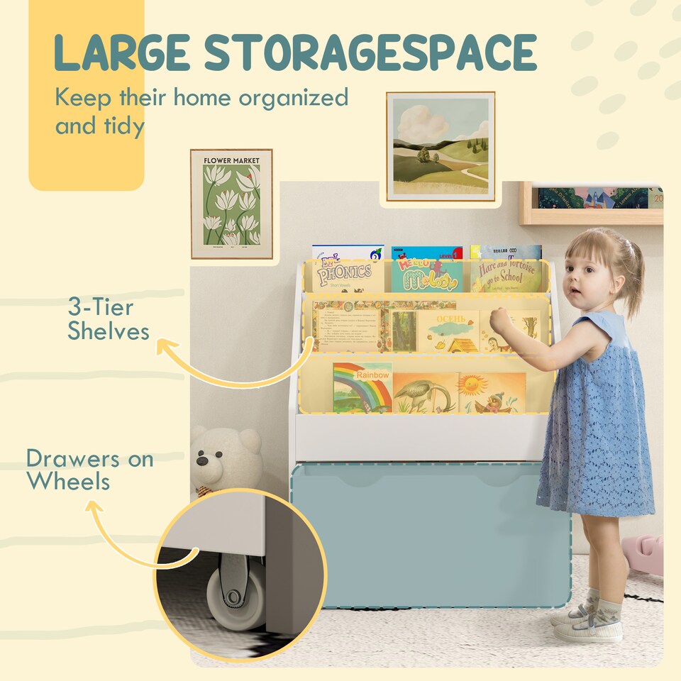 image 1 of AIYAPLAY Kids Bookcase w 3 Tier Shelves, Drawer, for Bedroom, Nursery | White