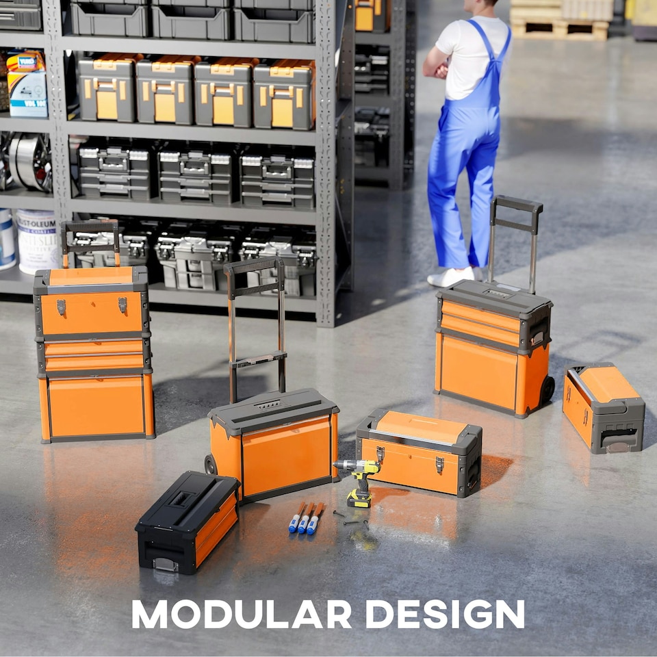 image 1 of HOMCOM 3-Tier Tool Box with Wheels, Stackable Steel Toolbox | Orange