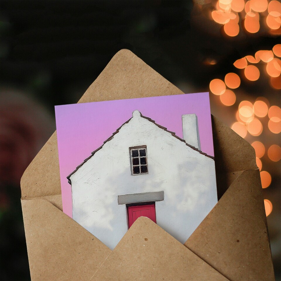 image 1 of Scottish White Bothy Cottage With Red Front Door Birthday Greeting Card