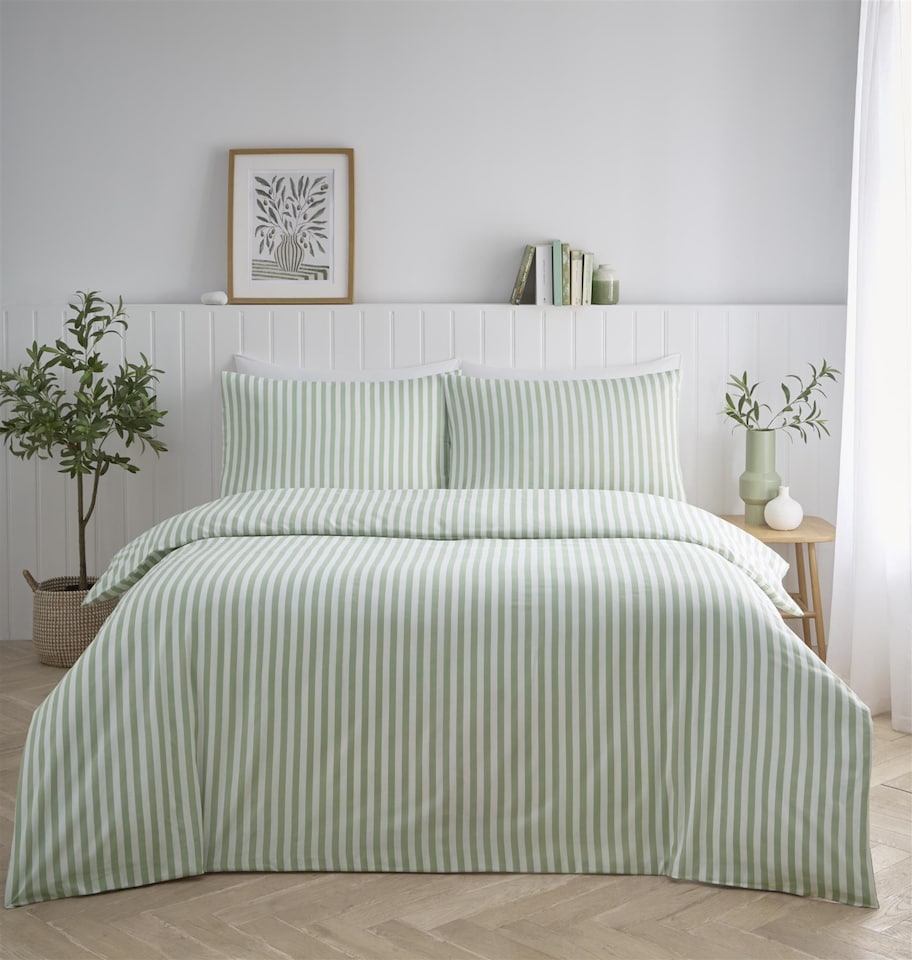 image 1 of HomeSpace Direct Pencil Stripe Duvet Cover Set Sage | Green | Sage | Double