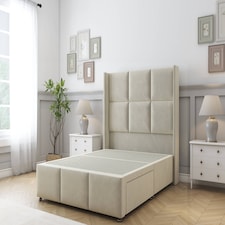Sloomy Beaumont Cream Plush Divan Bed Base No Drawers With 54 Inch Wingback Headboard & 12 Inch Matching Footboard | Cream | Cream | Double | 1