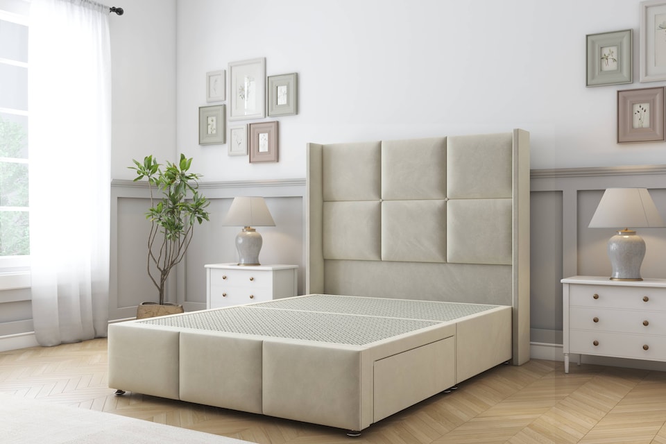 image 1 of Sloomy Beaumont Cream Plush Divan Bed Base No Drawers With 54 Inch Wingback Headboard & 12 Inch Matching Footboard | Cream | Cream | Double | 1
