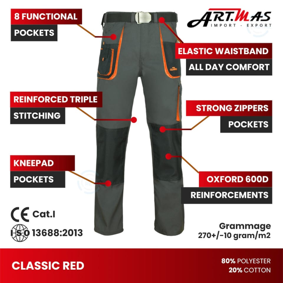 image 1 of ArtMas Grey Orange Work Trousers for Men  Durable Design with Knee Pad Pockets Cargo Storage and Reinforced Seams Size UK36