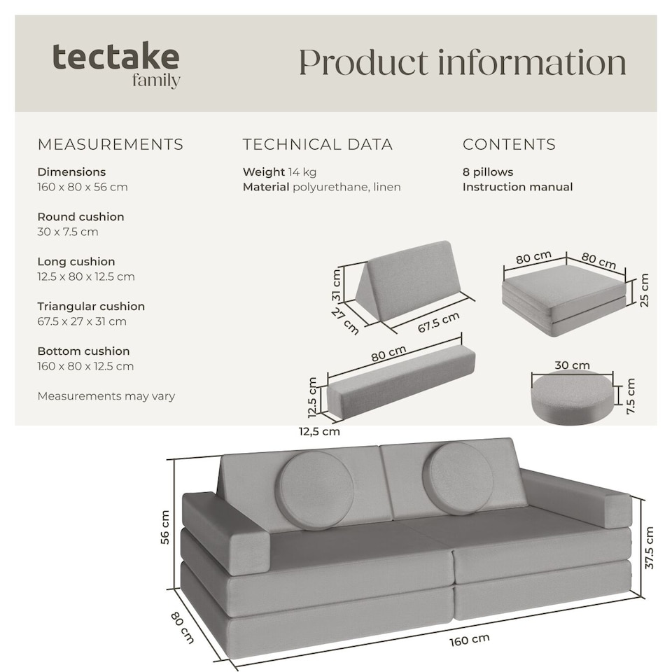 image 1 of Kids Sofa Lilly - 8-piece, flexible arrangement play sofa, thick padding, removable covers | Grey | grey | Two Seater | 1
