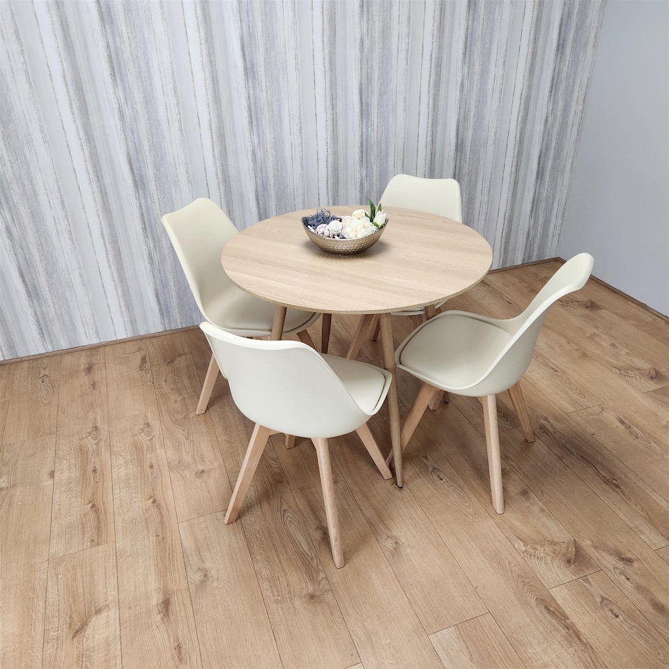 image 1 of Dining Table and 4 Chairs Round Wood Effect 4 Cream faux Leather Plastic Chairs Dining Set | Cream | One Size | 5