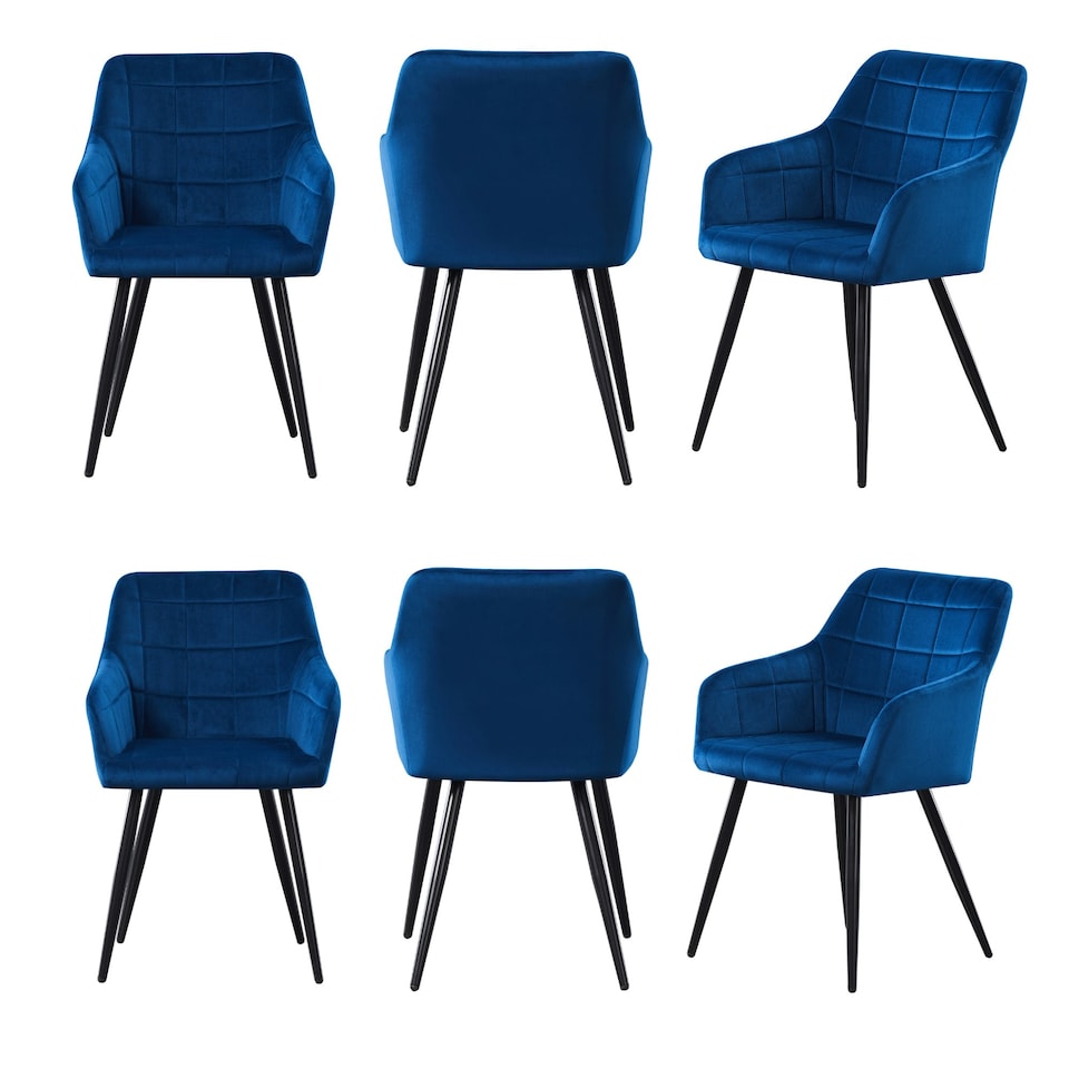 image 1 of Set of 6 Camden Modern Velvet Dining Chairs with Armrests, Quilted Design & Black Metal Legs | Blue