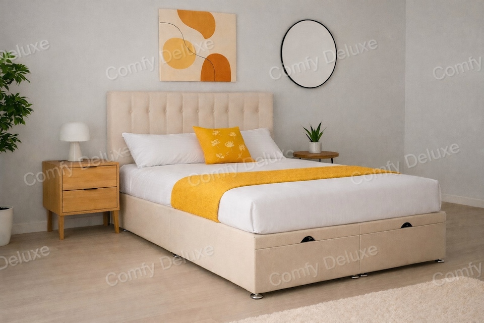 image 1 of 6ft Superking Cream Plush Velvet Ottoman Foot Lift Bed Set Headboard and Mattress