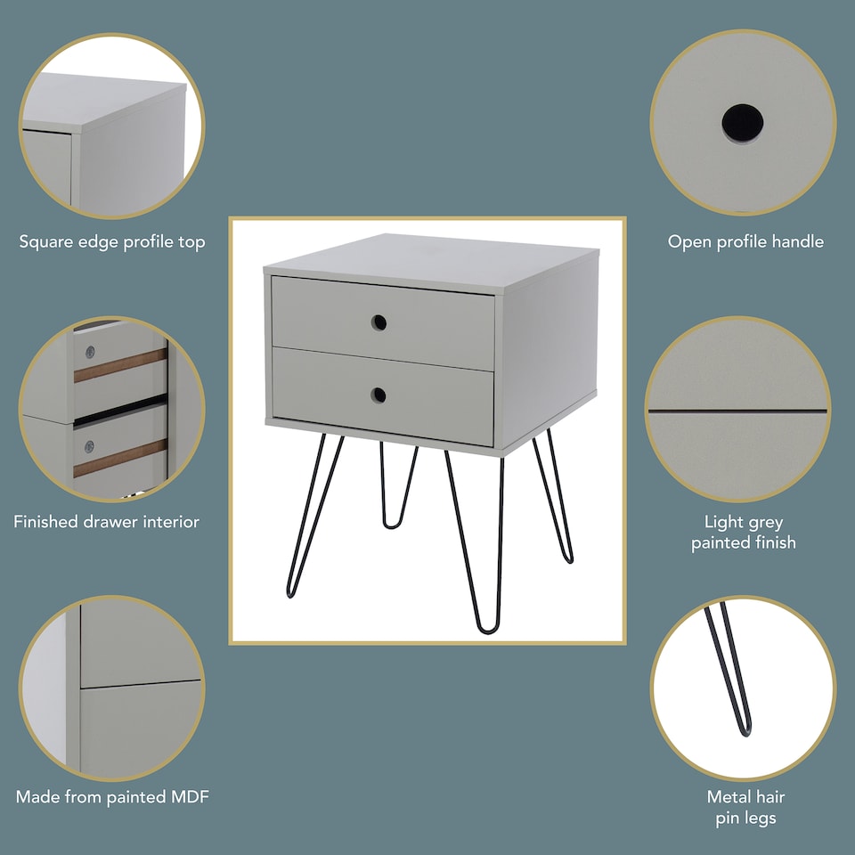 image 1 of Options Telford 2 Drawer Bedside Cabinet - Contemporary Painted Nightstand with Metal Hairpin Legs | Grey | Grey | One Size | 1