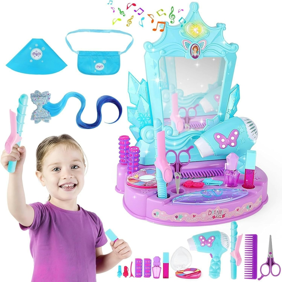 image 1 of Princess Toy Vanity with Lights and Sounds Pretend Play Beauty Salon Makeup Kit for Toddlers 3 plus